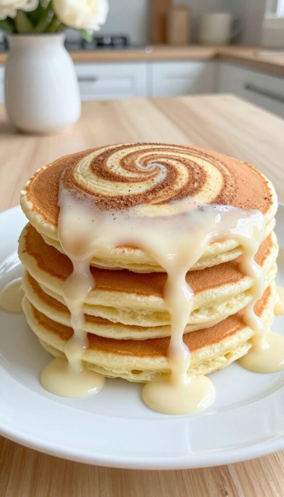 Stack of cinnamon roll pancakes with cream cheese glaze on a plate
