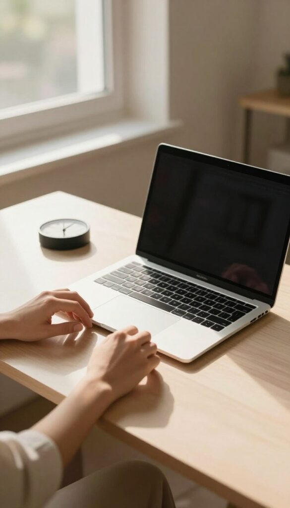 Person doing a desk stretch with arms overhead, timer on desk, bright natural light