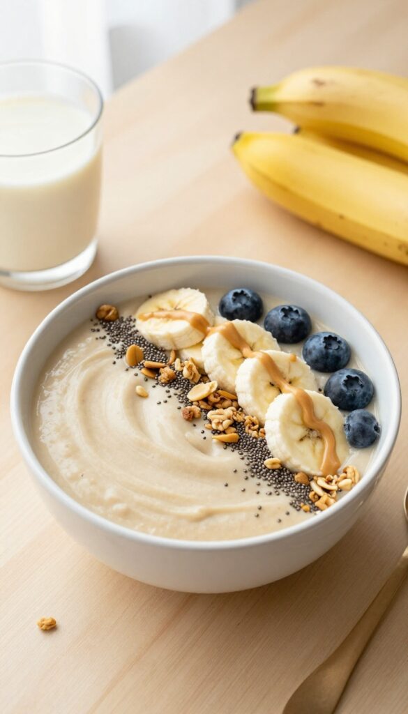 Peanut butter banana smoothie bowl topped with granola, banana slices, and chia seeds on a wooden table