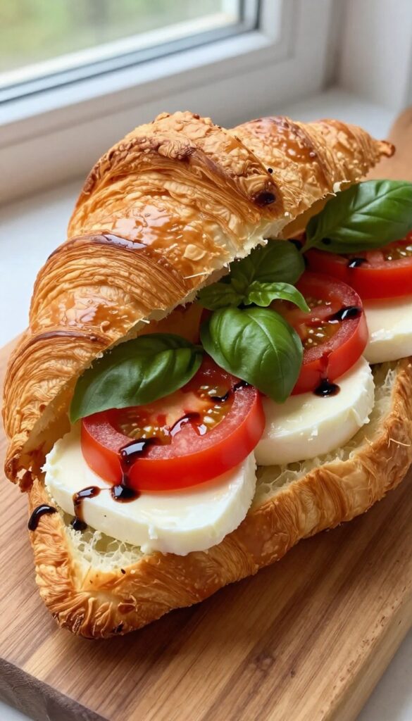 Caprese croissant sandwich with mozzarella, tomato, basil, and balsamic glaze on a wooden board