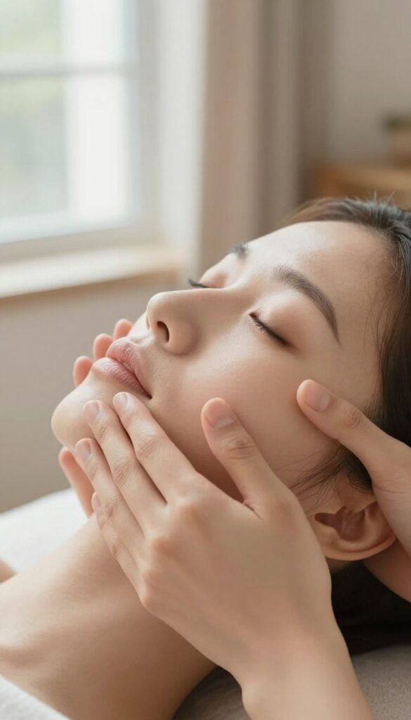 Person doing a quick face massage with fingertips on temples and jaw in soft natural light