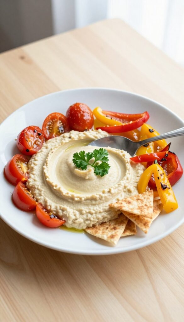 Roasted vegetable and hummus breakfast plate with cherry tomatoes, bell peppers, pita chips, and parsley garnish