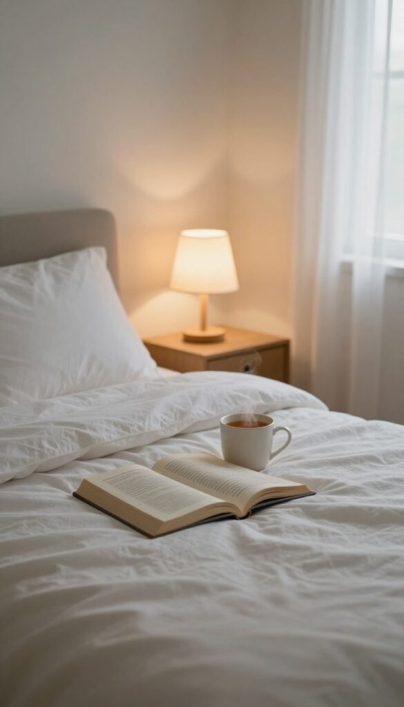 Cozy bedroom with warm lighting, book, and tea, inviting earlier bedtime for restful sleep.