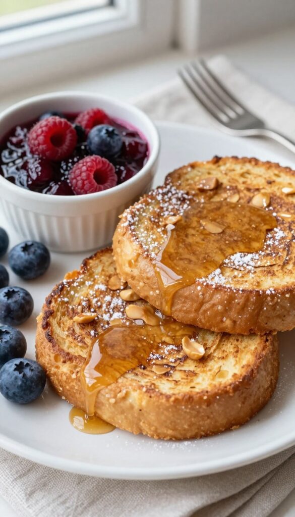 Peanut butter French toast with berry compote on a plate