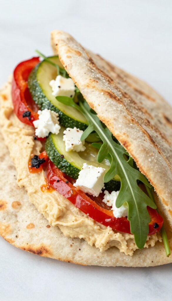 Veggie and hummus pita pocket sandwich on a plate, cut in half, showing layers of roasted vegetables, feta, and greens.
