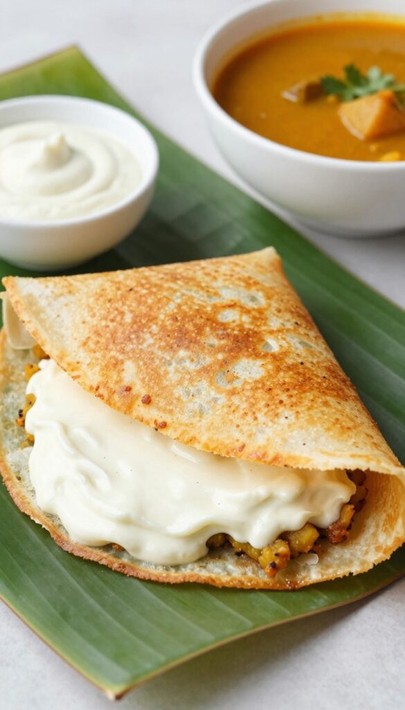 Crispy golden masala dosa with coconut chutney and sambar on a banana leaf