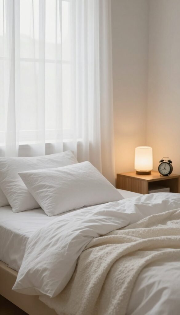 A cozy bedroom with soft lighting and a bed ready for sleep, promoting the idea of going to bed 15 minutes earlier for self-care.