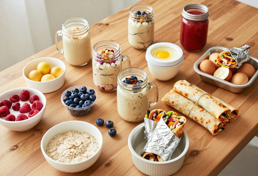 Assorted meal prep breakfast containers on a wooden table