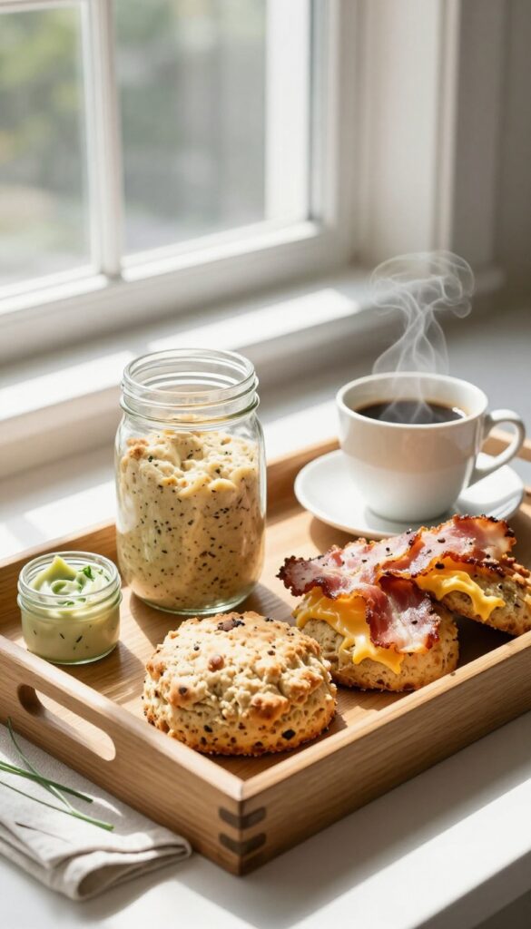 Breakfast tray with mason jar scone kit, chive butter, and baked bacon cheddar scones with coffee