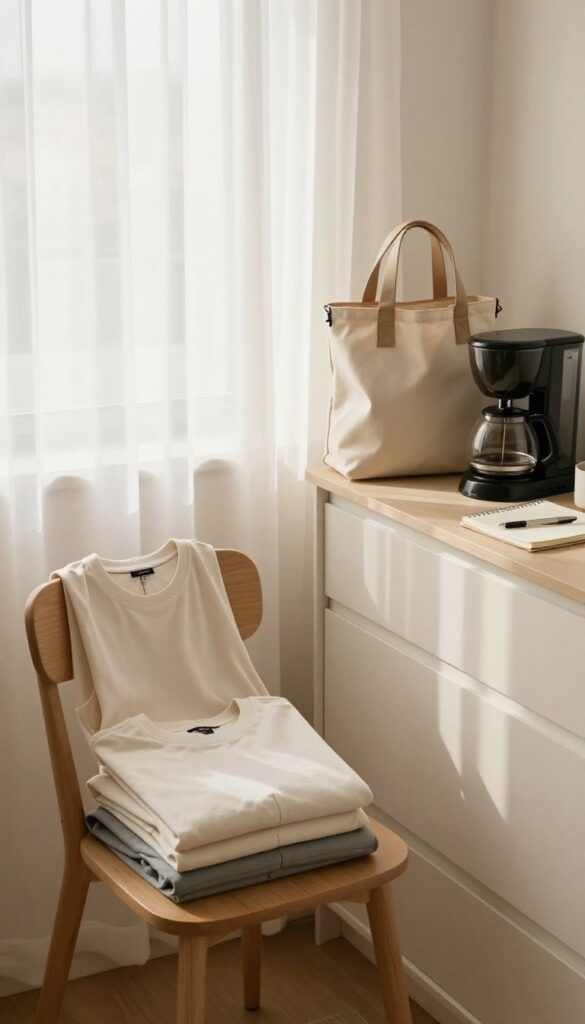 Bedroom with tomorrow's essentials laid out: outfit on chair, packed bag, coffee maker, and to-do list on nightstand.