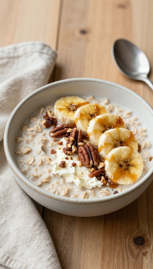 Caramelized banana oatmeal with brown butter and maple syrup in a bowl on a wooden table.