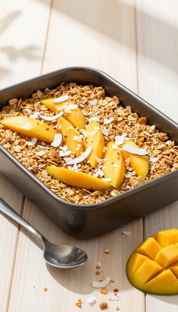 Coconut mango baked oatmeal casserole with fresh mango slices and toasted coconut topping in a baking dish on a wooden table.
