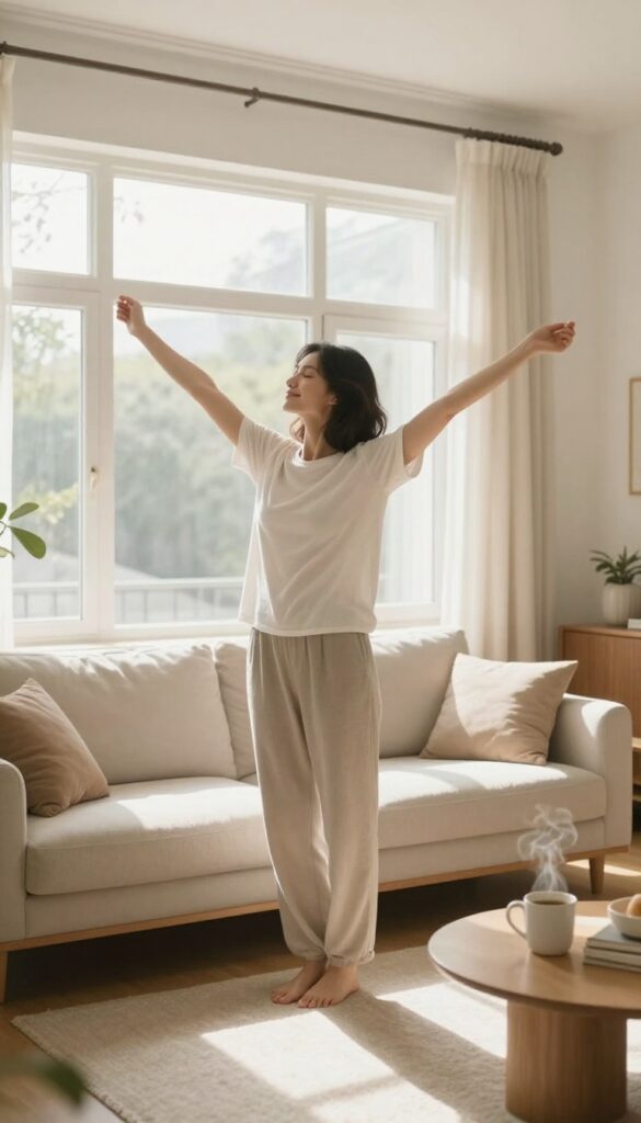 Woman stretching in a sunlit living room, peaceful self-care moment