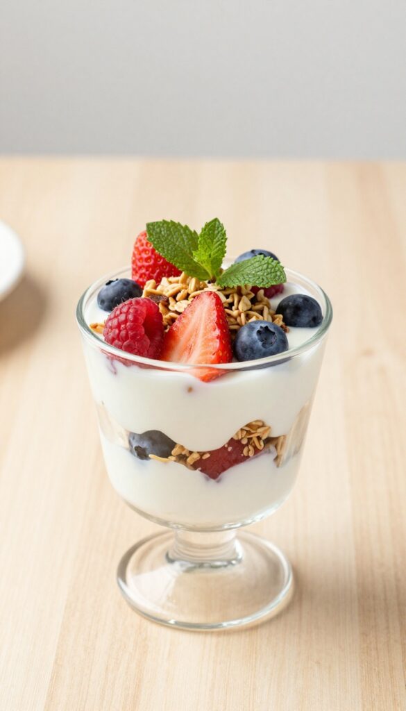 Coconut yogurt parfait with berries and granola in a glass cup on a wooden table