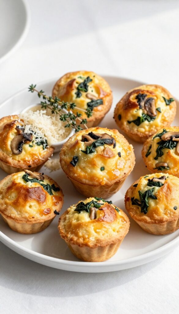 Egg muffins with spinach and mushrooms on a white plate