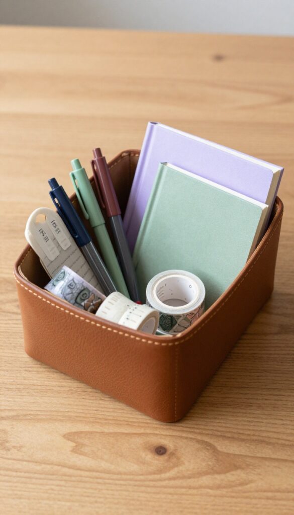 A journaling and reflection basket with a leather journal, colorful pens, washi tape, bookmark, and prompt book on a wooden table.