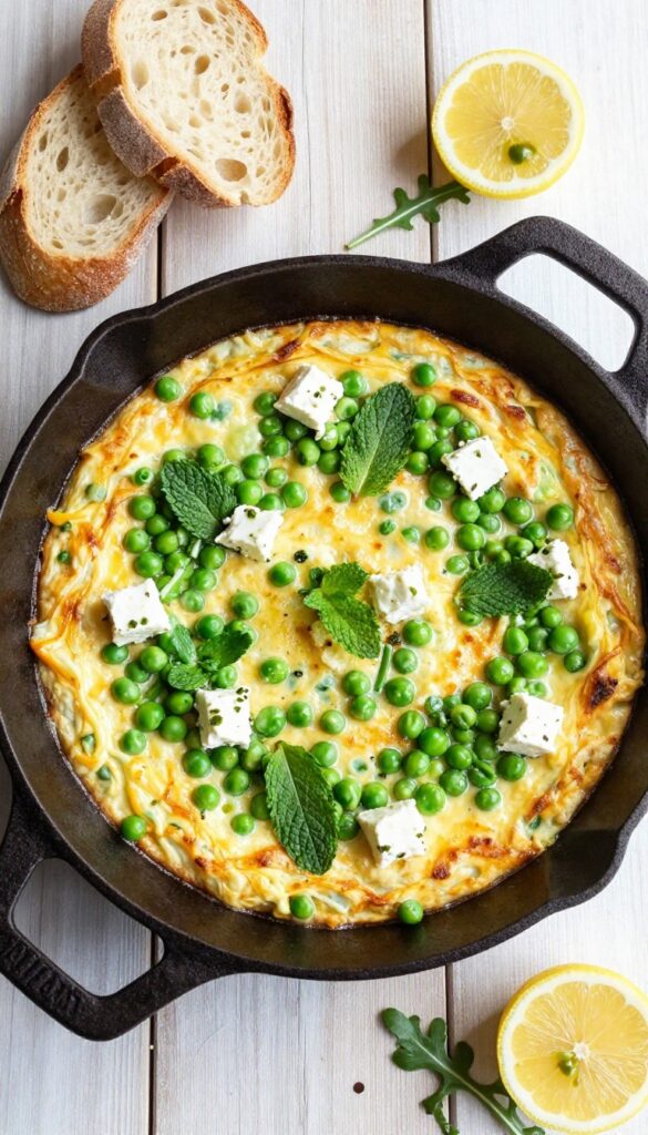 Pea and mint frittata in cast-iron skillet with bread and arugula salad