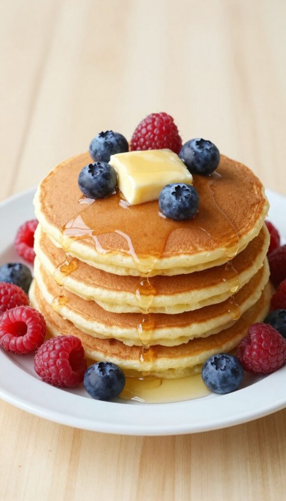 Fluffy buttermilk pancake stack with butter and syrup, fresh berries on the side