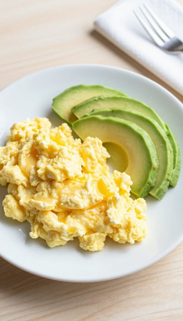 Soft scrambled eggs with avocado slices on a plate in natural light