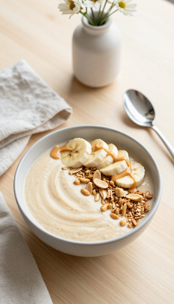 Banana peanut butter smoothie bowl with granola and peanut butter drizzle on a wooden table in a cozy breakfast nook