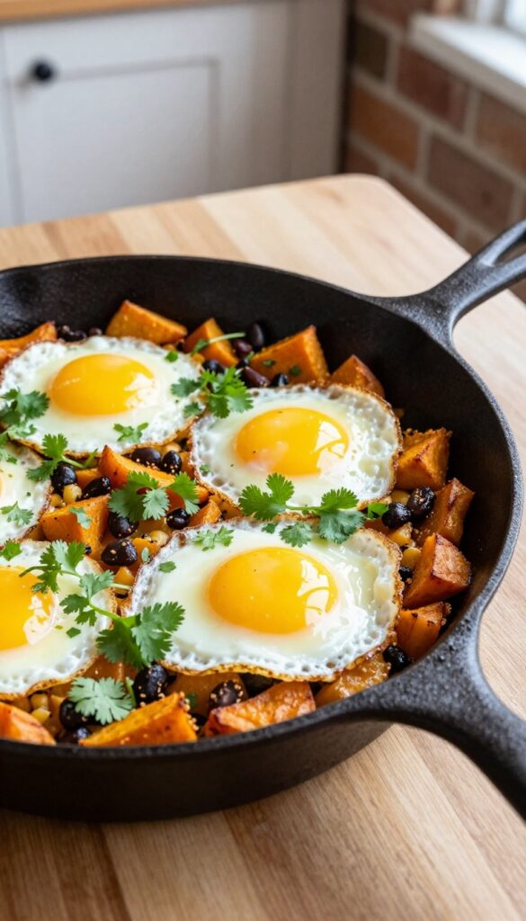Sweet potato and black bean breakfast hash topped with a fried egg in a cast iron skillet