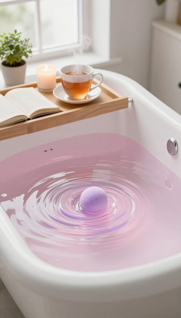 Aesthetic bath with wooden tray, candle, tea, and book in a bright bathroom