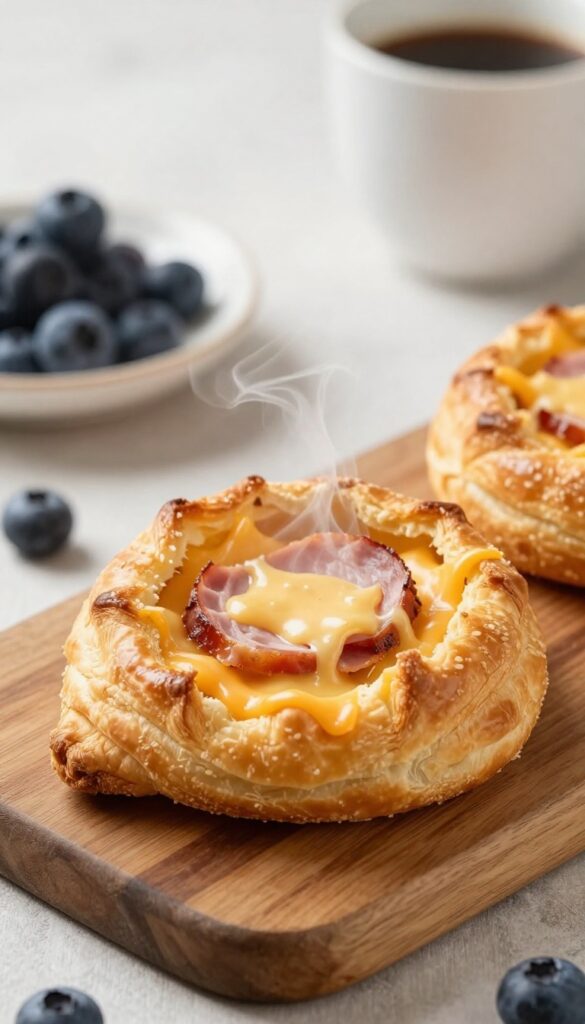Golden-brown ham and cheese puff pastry pocket on a wooden board, cut open to show melted cheese and ham, with coffee and berries in background.
