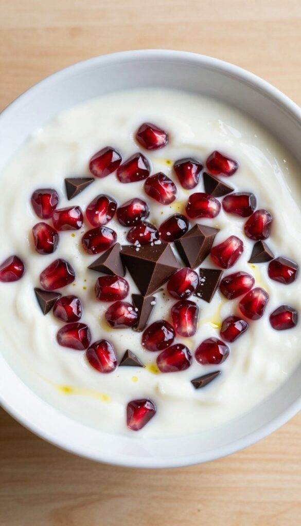 A bowl of Greek yogurt topped with pomegranate arils, dark chocolate chunks, a drizzle of olive oil, and flaky sea salt.