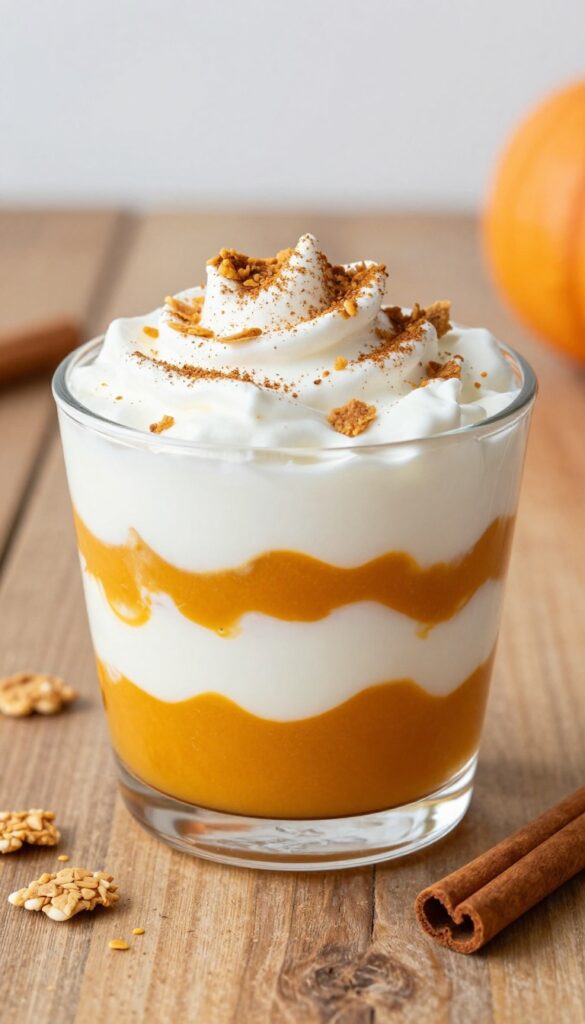Pumpkin spice yogurt parfait in a glass bowl with layers of Greek yogurt, pumpkin puree, and crushed graham crackers, topped with whipped cream and pumpkin pie spice on a wooden table.