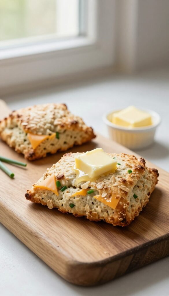 Cheddar and chive oatmeal scone with butter on a wooden board
