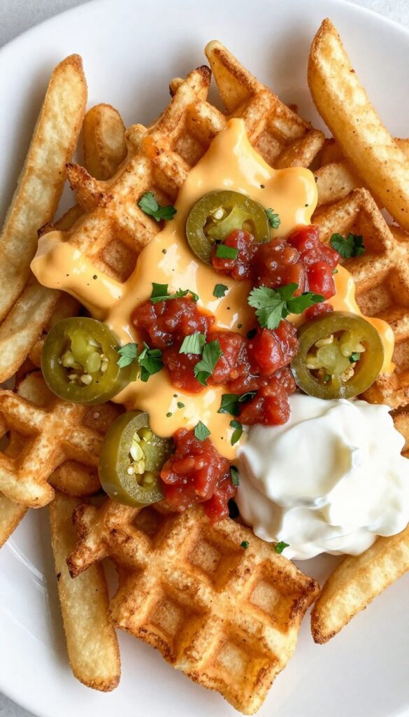 Loaded nacho waffle fries with melted cheese, jalapeños, salsa, sour cream, and cilantro on a white platter