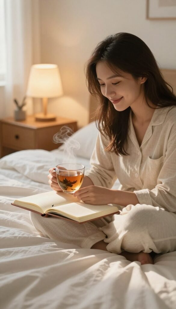 A person in pajamas sitting on the edge of a cozy bed at twilight, journaling with a warm lamp and tea nearby.