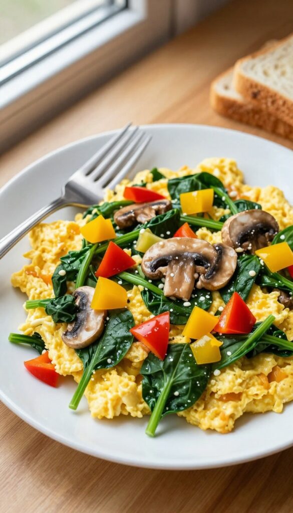 Veggie-packed scrambled eggs with spinach, bell peppers, and mushrooms on a plate, with a fork and whole-grain toast, in natural light.