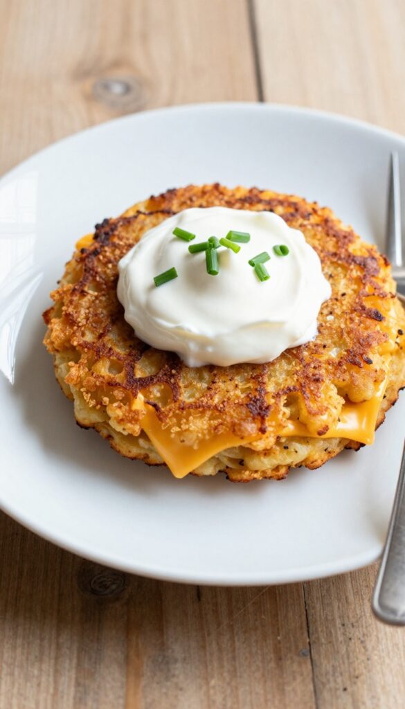 Crispy loaded hash browns on a white plate with melted cheddar, sour cream, and chives on a wooden table.