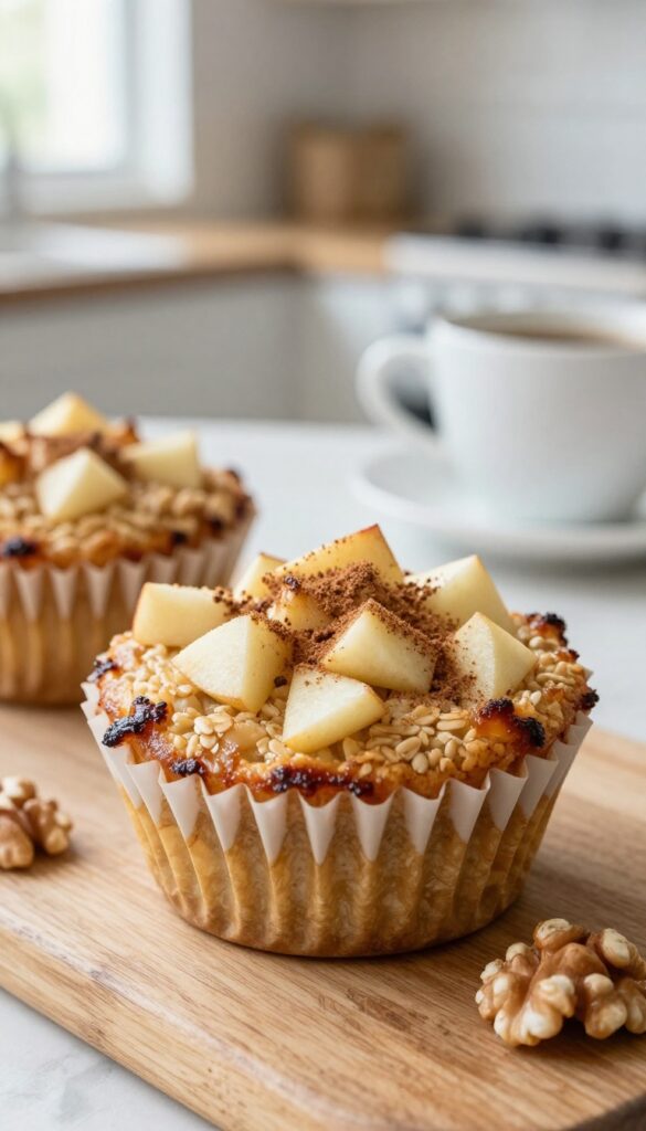 Apple cinnamon oatmeal cups in a paper liner on a wooden table with walnuts and cinnamon dusting.