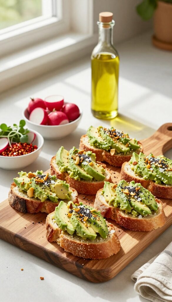 Avocado toast platter with everything seasoning on a wooden board, surrounded by toppings like radishes and microgreens.