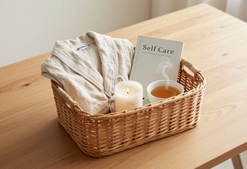 A self care gift basket with a candle, robe, book, and tea on a wooden table.