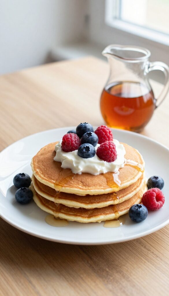 Stack of cottage cheese pancakes with Greek yogurt and fresh berries on a plate