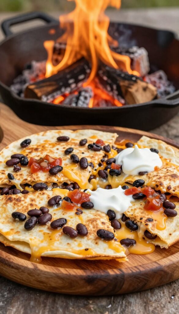 Campfire breakfast quesadilla wedges on a wooden plate with salsa and sour cream, campfire background