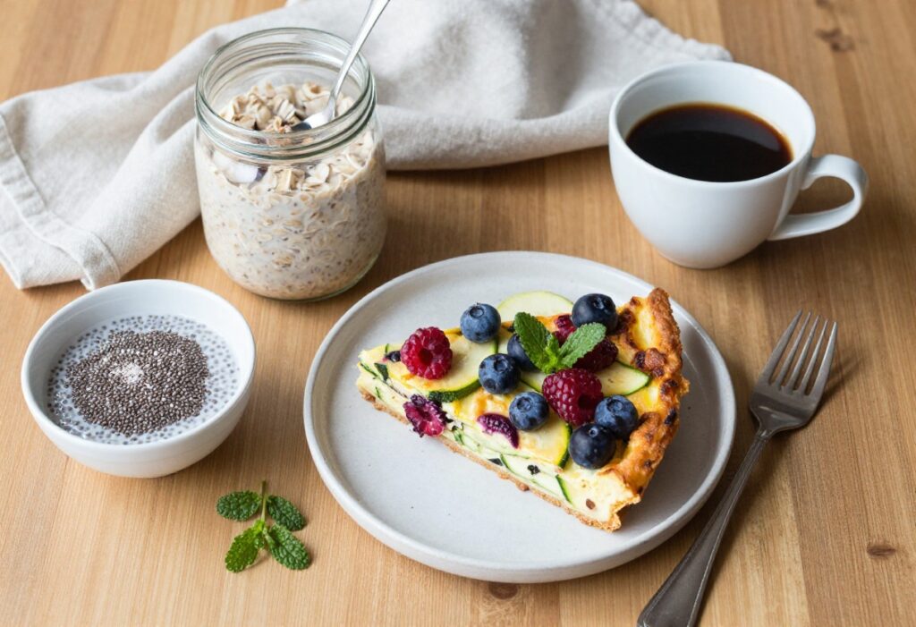 Overhead view of a cozy breakfast table with low sugar meal-prep dishes including overnight oats, frittata, and chia pudding.