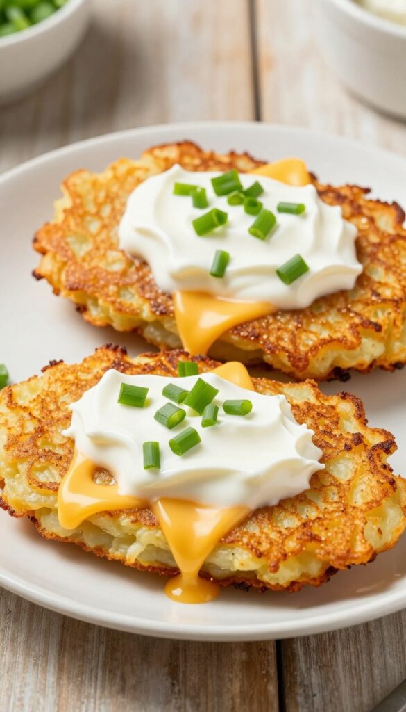 Loaded potato pancakes with sour cream and green onions on a plate