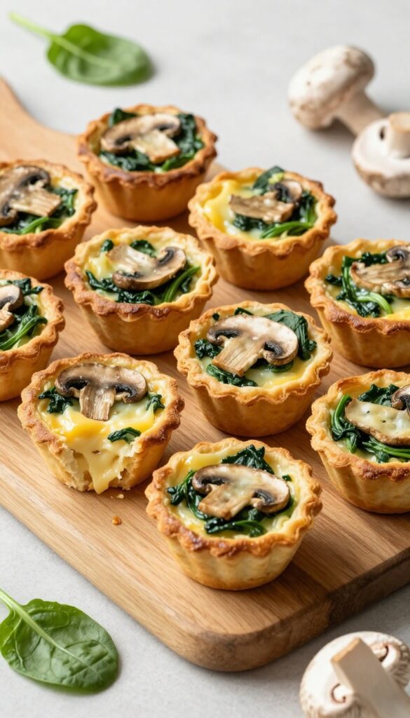 Mini quiche cups with spinach, mushrooms, and Gruyère cheese on a wooden board