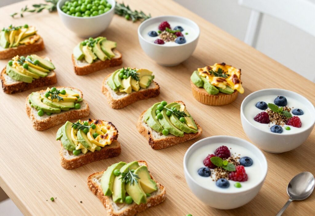 Assorted quick breakfast ideas on a wooden table, including mini frittatas, avocado toast, parfaits, and a smoothie bowl.