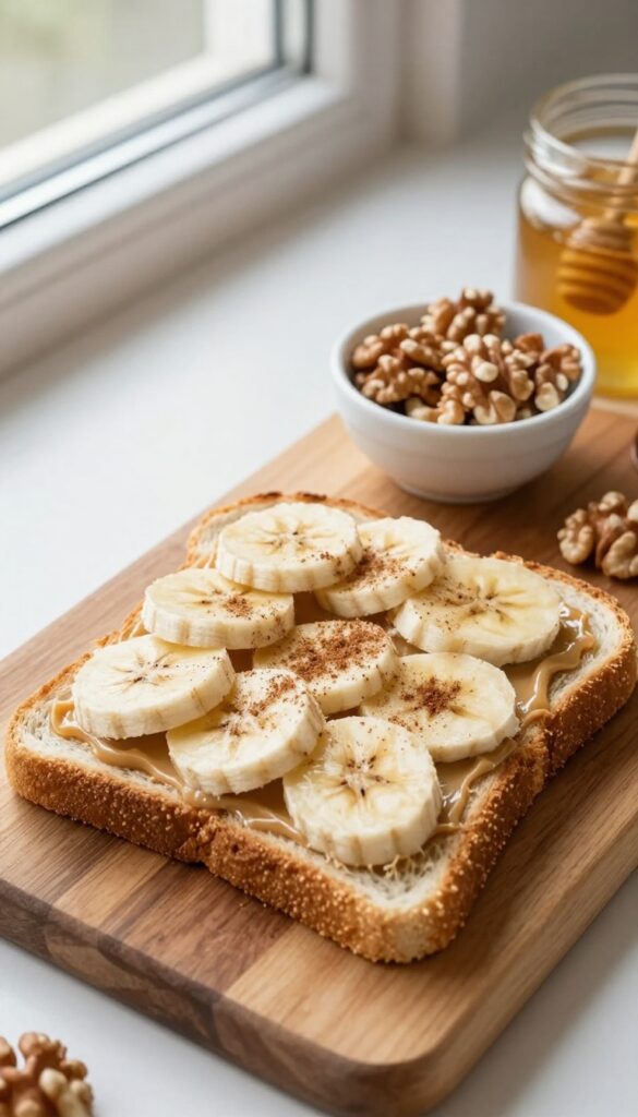 Banana and nut butter toast on a wooden board with walnuts and honey nearby.
