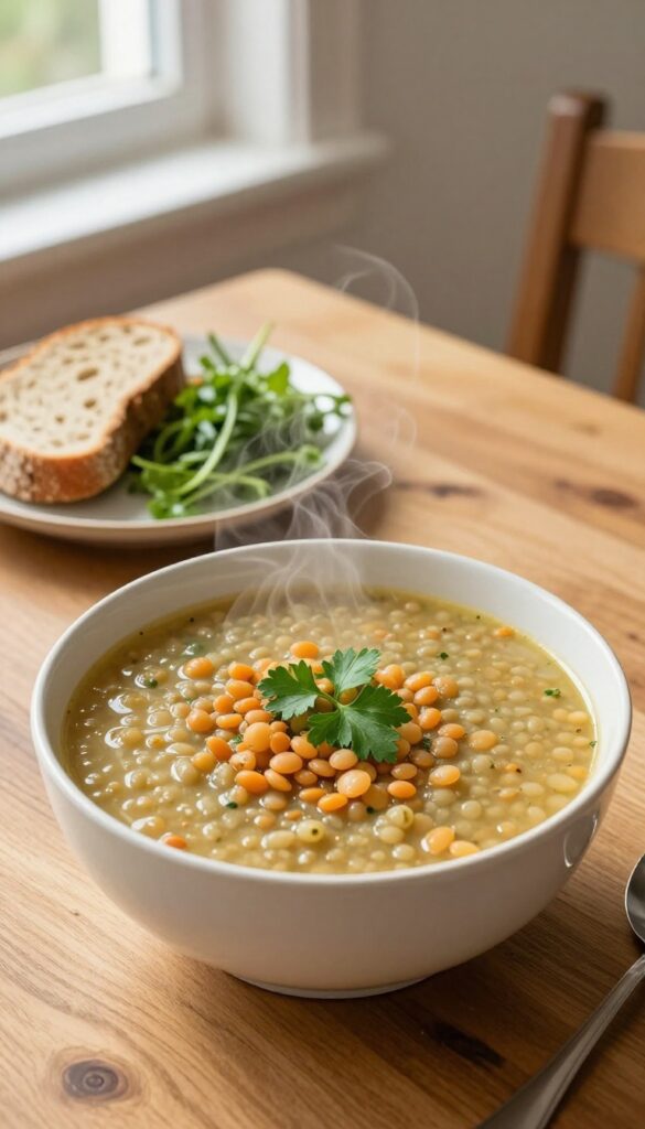 Bowl of lentil soup with parsley garnish, whole-grain bread, and side salad on a wooden table in natural light.