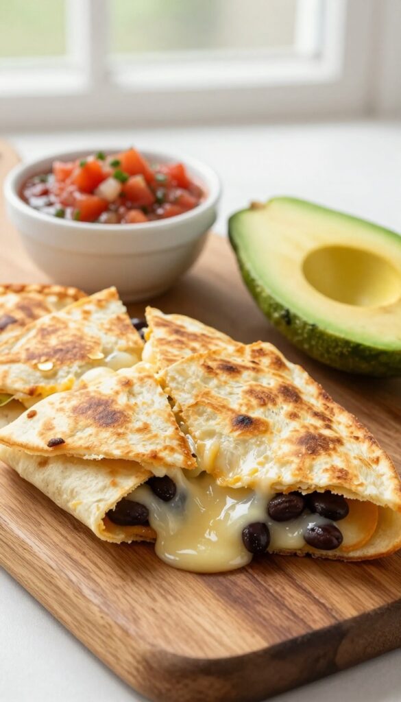 Golden-brown quesadilla wedges with melted cheese and black beans on a wooden board, served with salsa and avocado slices.