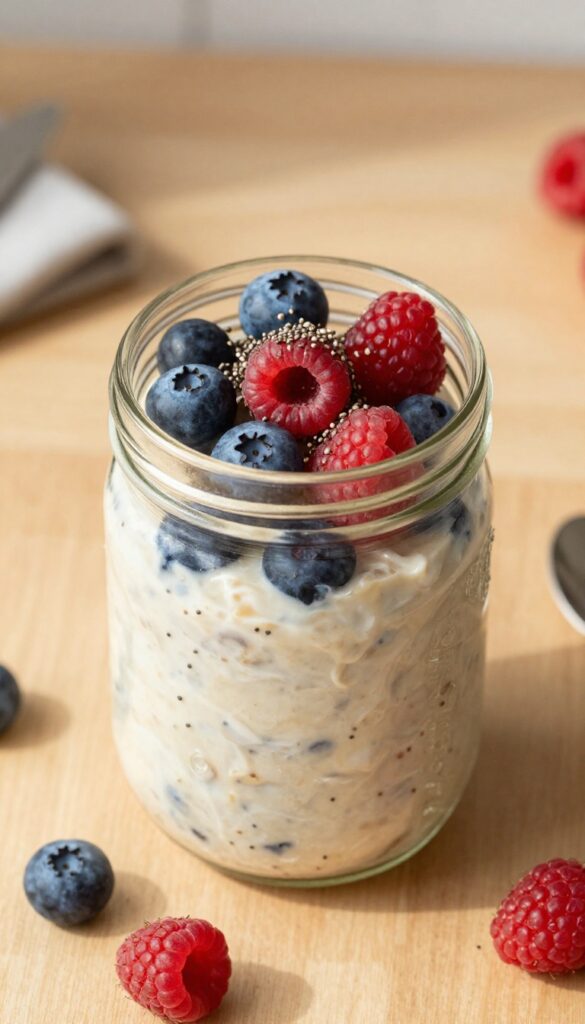 Overnight oats with chia and berries in a mason jar on a wooden counter