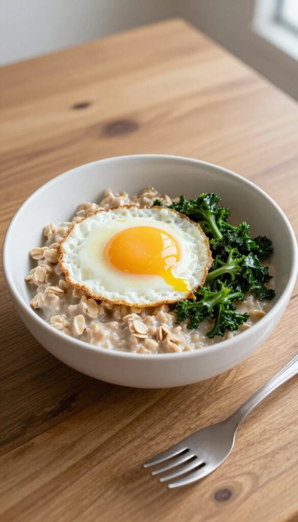 Savory oatmeal bowl with sautéed greens and a fried egg