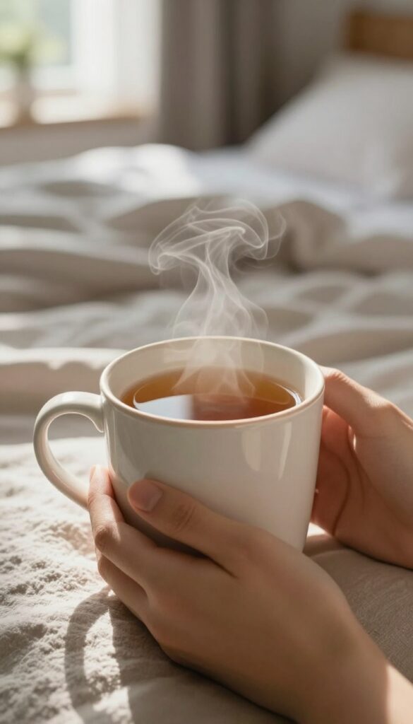 Person holding a warm mug of herbal tea in a cozy bedroom, soft natural light, serene atmosphere.