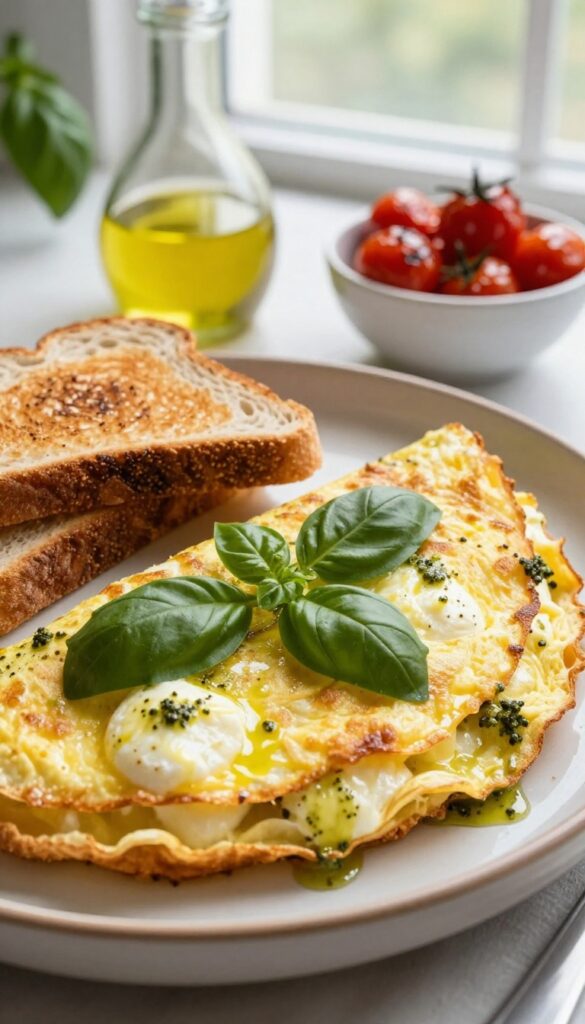 Pesto and mozzarella omelet on a plate with toast and cherry tomatoes
